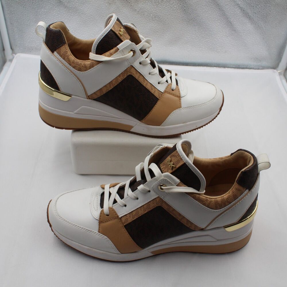 Michael Kors Georgie Men Size 9.5 Trainer Sneaker White Brown Tan Gold